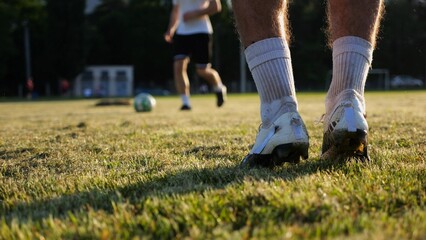Male feet of professional footballers passing soccer ball on stadium at sunset. Legs of sportsmen...