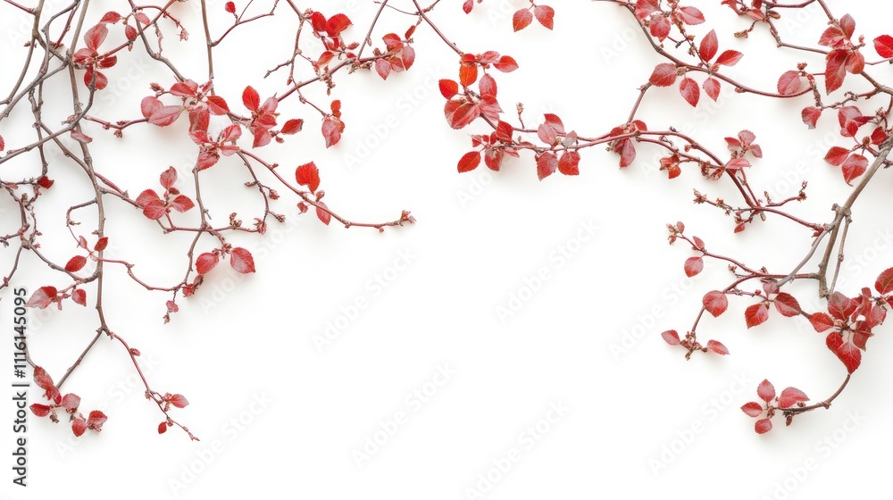 Poster dry red leaves and twigs arranged on a white background creating a minimalist nordic style flat lay 