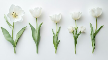 A minimalist arrangement of white tulips showcasing their varying stages of bloom.