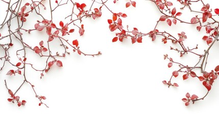 Dry red leaves and twigs arranged on a white background creating a minimalist nordic style flat lay still life with ample copy space