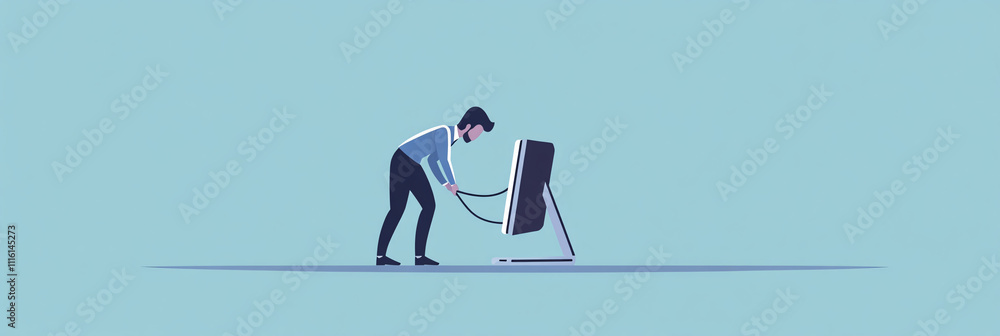Poster a flat, clean illustration of an it support agent pulling a virtual wire, symbolizing network setup 