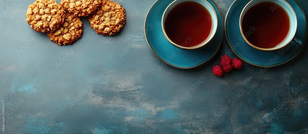 Poster homemade cookies and two cups of tea on a grey background inviting a cozy and delicious moment with 