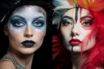Two fashion models with intense makeup, red and blonde hair are posing together, wearing white feather boa