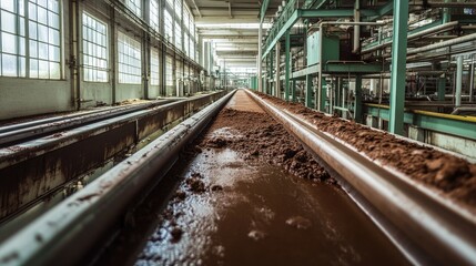 Fototapeta premium Industrial conveyor system transporting wet soil waste from manufacturing processes to collection bins in a factory setting.