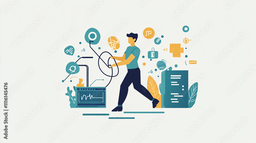 Poster a flat, clean illustration of an it support agent pulling a virtual wire, symbolizing network setup 