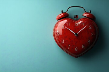 Red heart shaped clock on wooden table and black background with copy space
