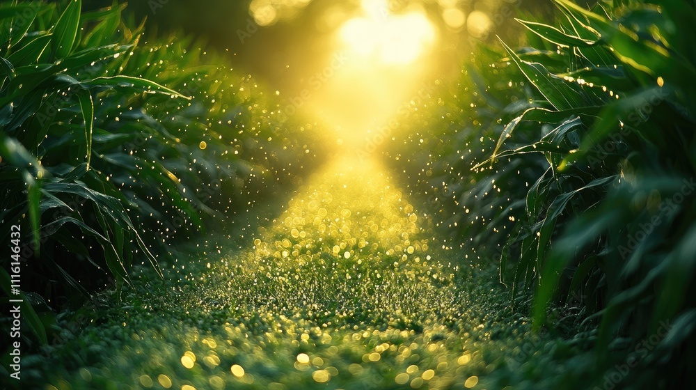 Poster glowing corn field path with dew-covered leaves and a soft blurred background illuminated by warm su