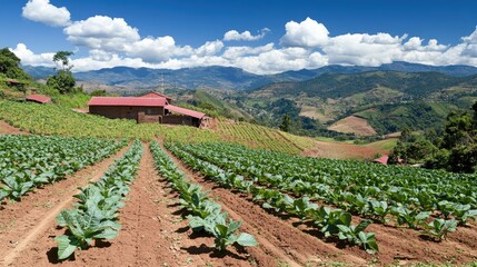 Lush green tobacco plantation with vibrant leaves under bright blue skies and mountains in the background showcasing agricultural serenity