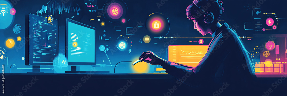 Poster a flat design illustration of an it support agent adjusting a glowing mouse, with minimal floating i