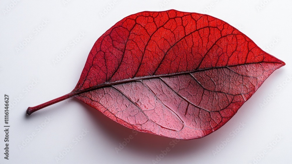 Poster red leaf of a flower isolated on a white background, displaying intricate vein patterns and smooth t