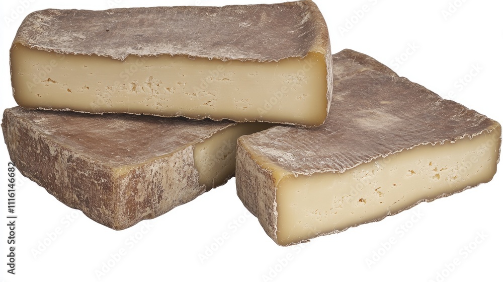 Poster aged cheese slices arranged on a white background showcasing texture and color variation for culinar