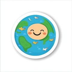 A cheerful cartoon Earth with a smiling face and airplanes flying around.