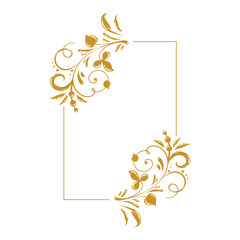 Obraz premium Golden square frame with vignettes. Folk corners with floral Slavic old Russian motif. Design of wedding invitations, anniversaries, congratulations. Vector isolated elegant border.
