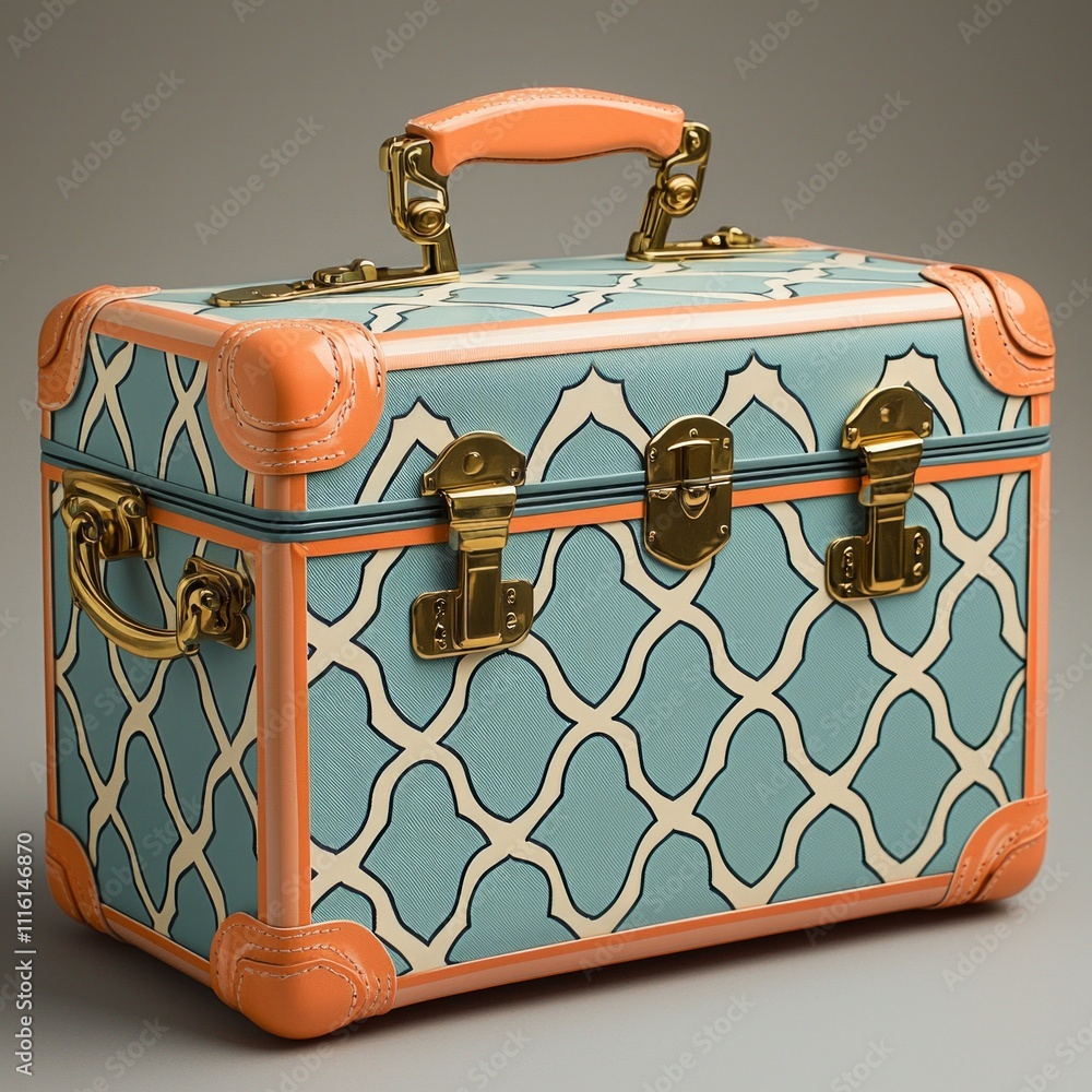 Poster showcasing delightful vintage inspired suitcase featuring rounded edges and colorful patterns. retro