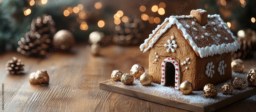 Poster gingerbread house decorated with icing and ornaments on a rustic table with festive lights creating 