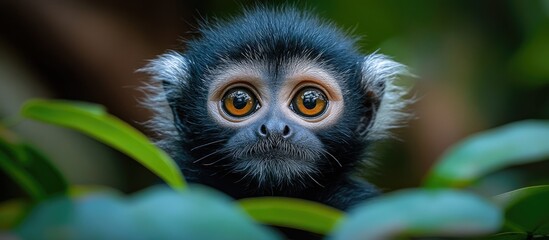 Obraz premium Silvery langur monkey portrait with big eyes surrounded by lush green foliage in its natural habitat