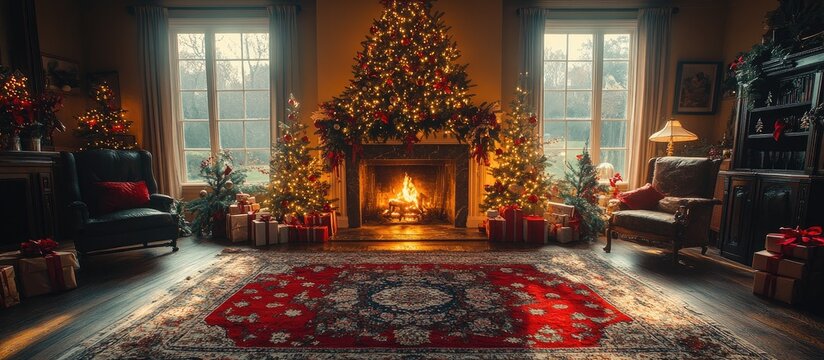 Cozy Christmas living room with a beautifully decorated tree and a warm fireplace creating a festive holiday atmosphere