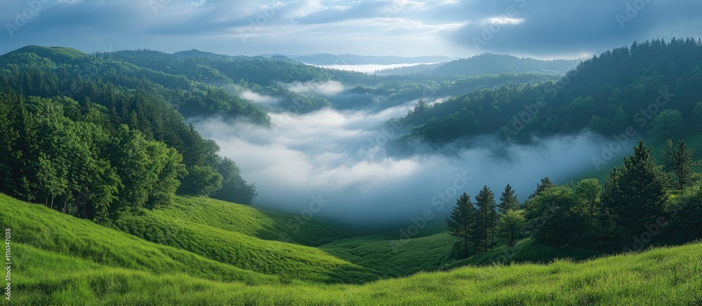 Poster scenic view of lush green hills draped in mist with trees and clouds creating a tranquil landscape a