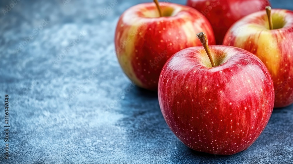 Poster fresh red apples arranged on a textured surface with a blue background emphasizing vibrant colors an
