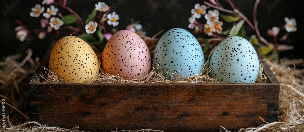 Poster marbled easter eggs in a wooden box with hay and flowering branches creating a festive spring atmosp
