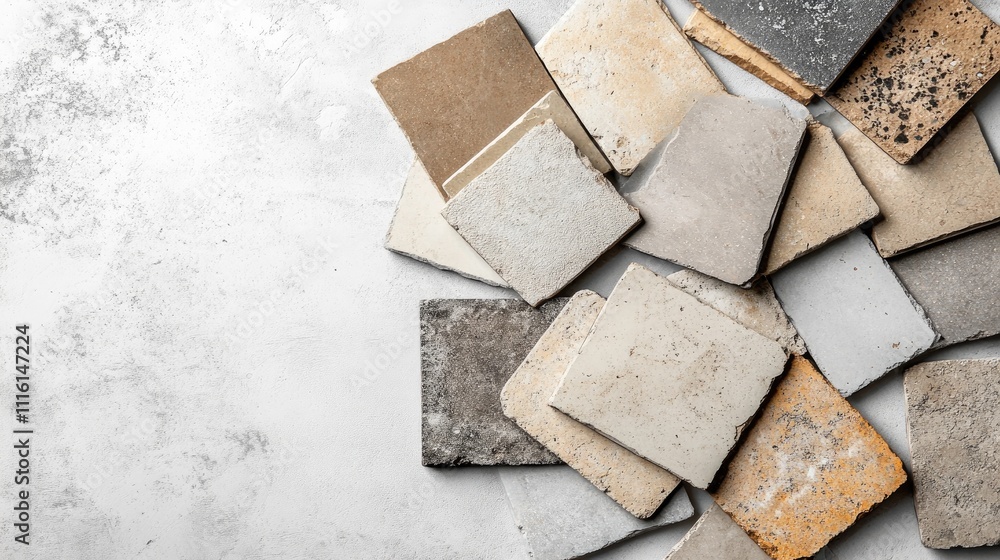 Poster variety of textured stone tile samples arranged on a neutral background showcasing different pattern