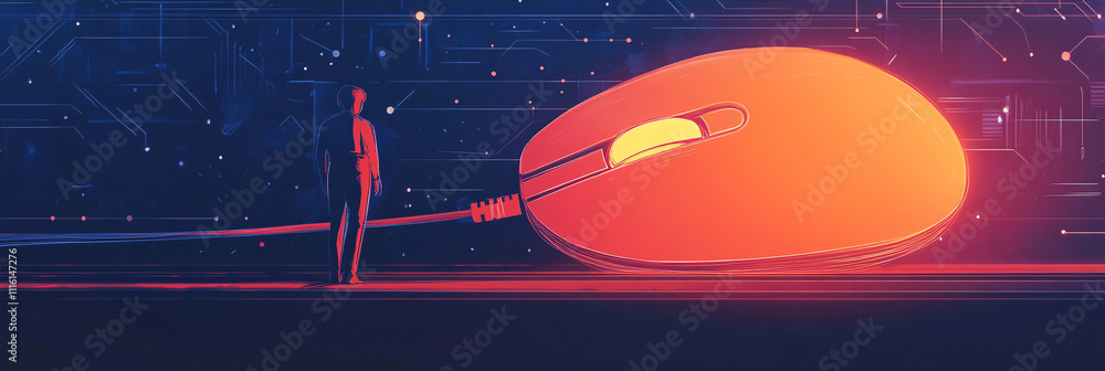 Poster a flat design illustration of an it support agent standing with a large glowing mouse, with minimal 