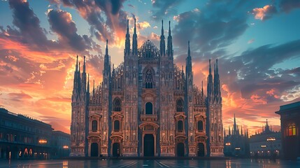 Fototapeta premium A gothic cathedral at dusk with towering spires and intricate stained glass