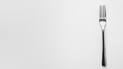 Steel fork positioned on a plain white background, featuring clean lines and a shiny surface, ideal for cutlery or dining concepts, minimalism, kitchenware, food preparation.