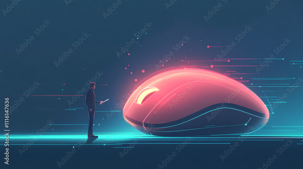 Poster a flat design illustration of an it support agent standing with a large glowing mouse, with minimal 