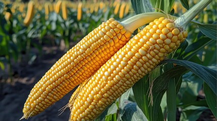Fresh corn on the cob growing in a lush countryside field with vibrant greenery and golden kernels under bright sunlight.