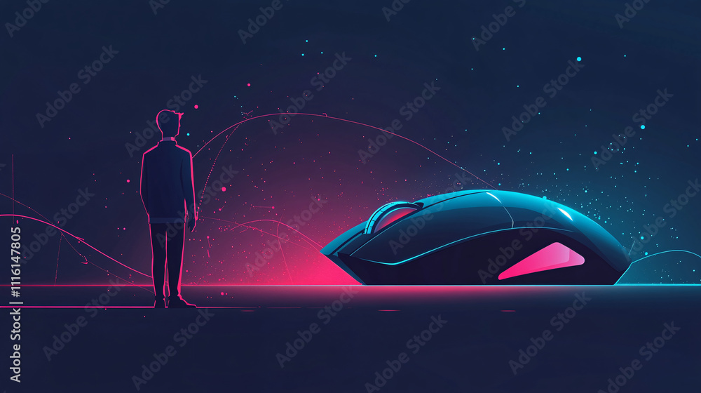 Poster a flat design illustration of an it support agent standing with a large glowing mouse, with minimal 