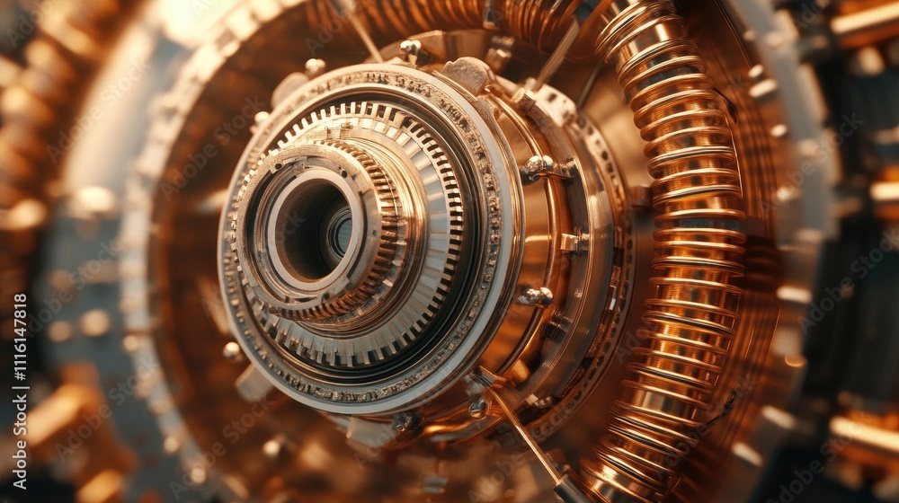 Poster detailed view of dismantled motor rotor showcasing intricate design and reflections in a rotary elec