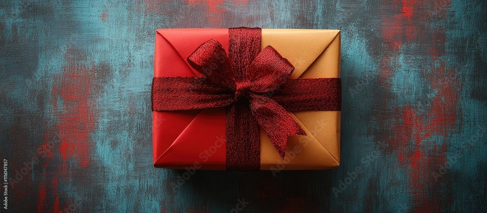 Aufkleber gift box with ribbon on colorful textured background with empty space for text suitable for holidays