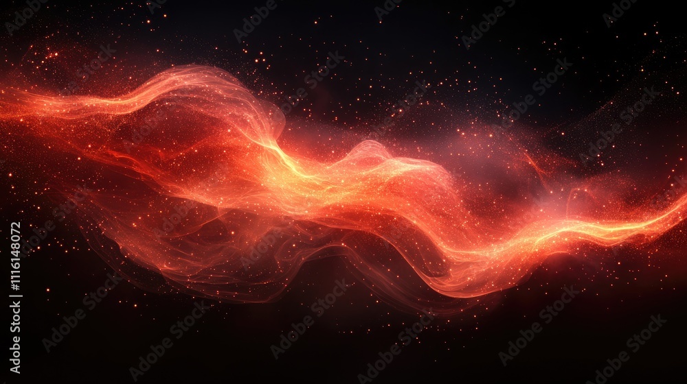 Fototapete Abstract red smoke wave on black background with sparkling elements for a dramatic and artistic visual effect.