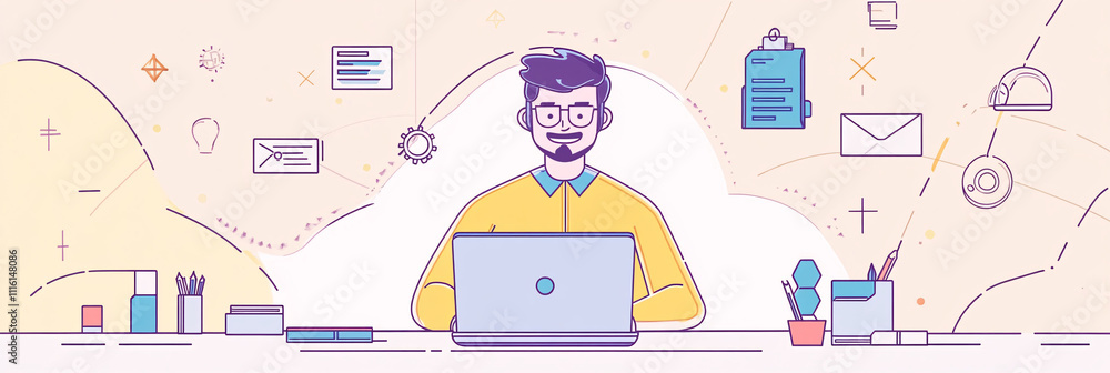 Poster a flat design illustration of an it support man typing on a keyboard, with minimal lines and pastel 