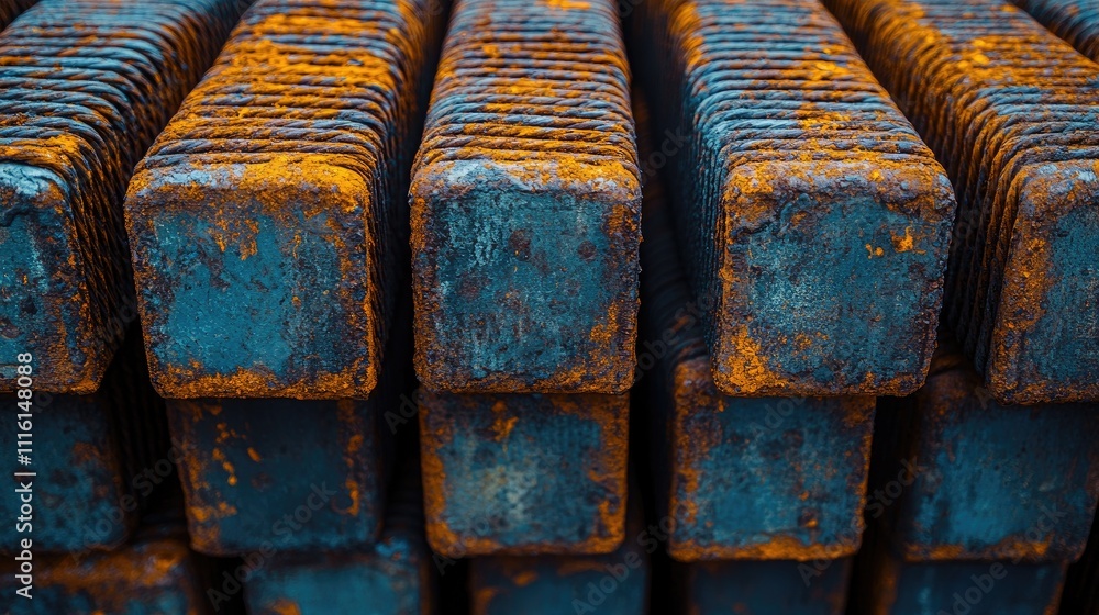 Poster rusty steel reinforcement bars stacked in a pile showcasing embedded elements and mesh square patter
