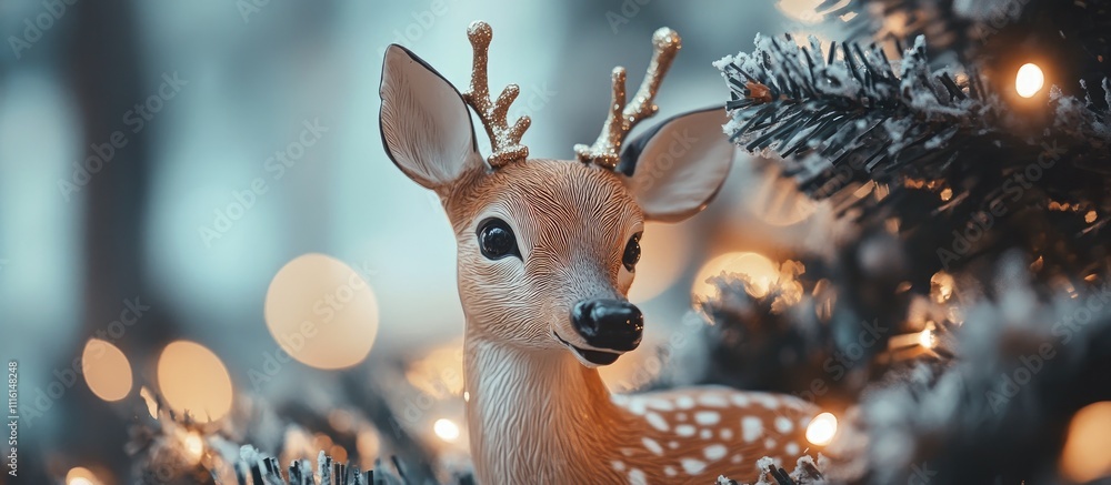 Aufkleber Christmas deer ornament on artificial tree with decorations and warm lights in a festive winter setting romantic soft bokeh background