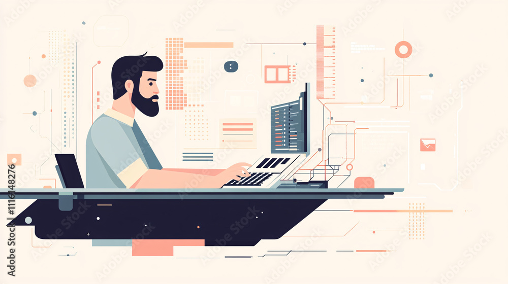 Poster a flat design illustration of an it support man typing on a keyboard, with minimal lines and pastel 