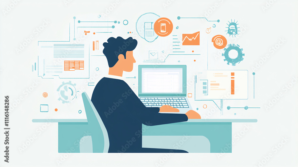 Poster a flat design illustration of an it support man typing on a keyboard, with minimal lines and pastel 