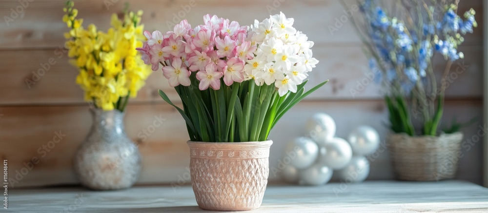 Aufkleber spring flowers in a vintage pot with decorative elements on a wooden table creating a warm and invit
