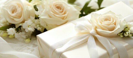 Obraz premium Exquisite gift packaging adorned with satin ribbons and fresh roses creating a romantic and tender atmosphere for special occasions.