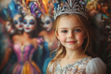 Fototapeta premium Young girl in a detailed princess dress and tiara against a festive backdrop