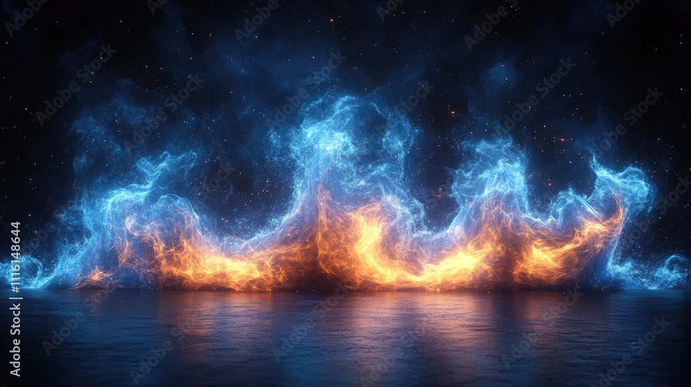 Leinwandbilder Vibrant blue and orange flames creating a mesmerizing abstract fire display on a dark background showcasing dynamic energy and movement.