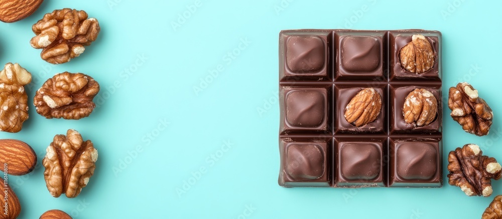 Poster homemade chocolate filled nuts featuring walnuts and almonds arranged on a light blue backdrop with 