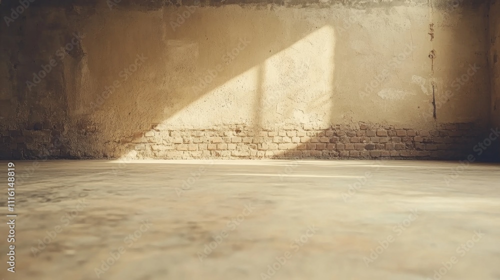 Poster old roughcast wall with red brick accents and natural light casting shadows creating an empty space 
