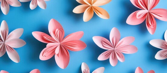 Obraz premium Spring-themed blue backdrop adorned with delicate pink and orange paper flowers creating a vibrant and cheerful atmosphere for decorations.