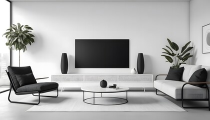 Fototapeta premium Minimalist modern living room interior with neutral-colored furniture and houseplants. Clean white walls, wooden floors, and natural lighting create a calm and elegant atmosphere. Interior details