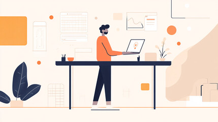 A flat design of a man at a standing desk, working on a computer, with minimalistic tech elements surrounding him in a modern interface. 