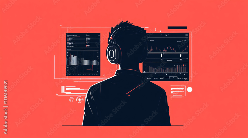Poster a flat design of a man with a headset, looking at a screen with lines representing data, in a minima