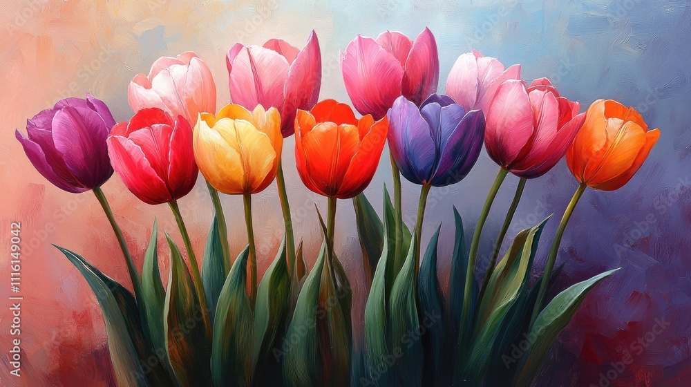 Poster vibrant bouquet of colorful tulips in an artistic floral arrangement on a soft abstract background